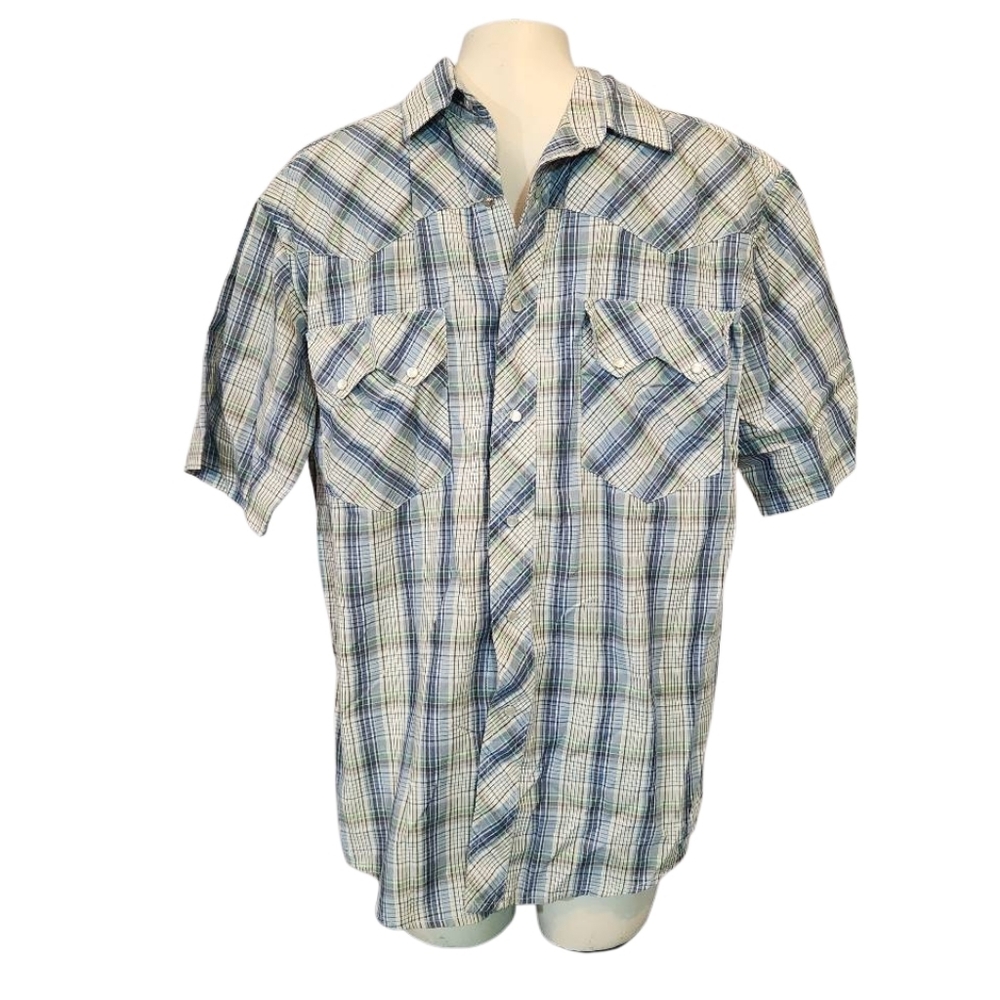 Men's Rustler Blue Plaid Pearl Snap Shirt Size Mediumโ